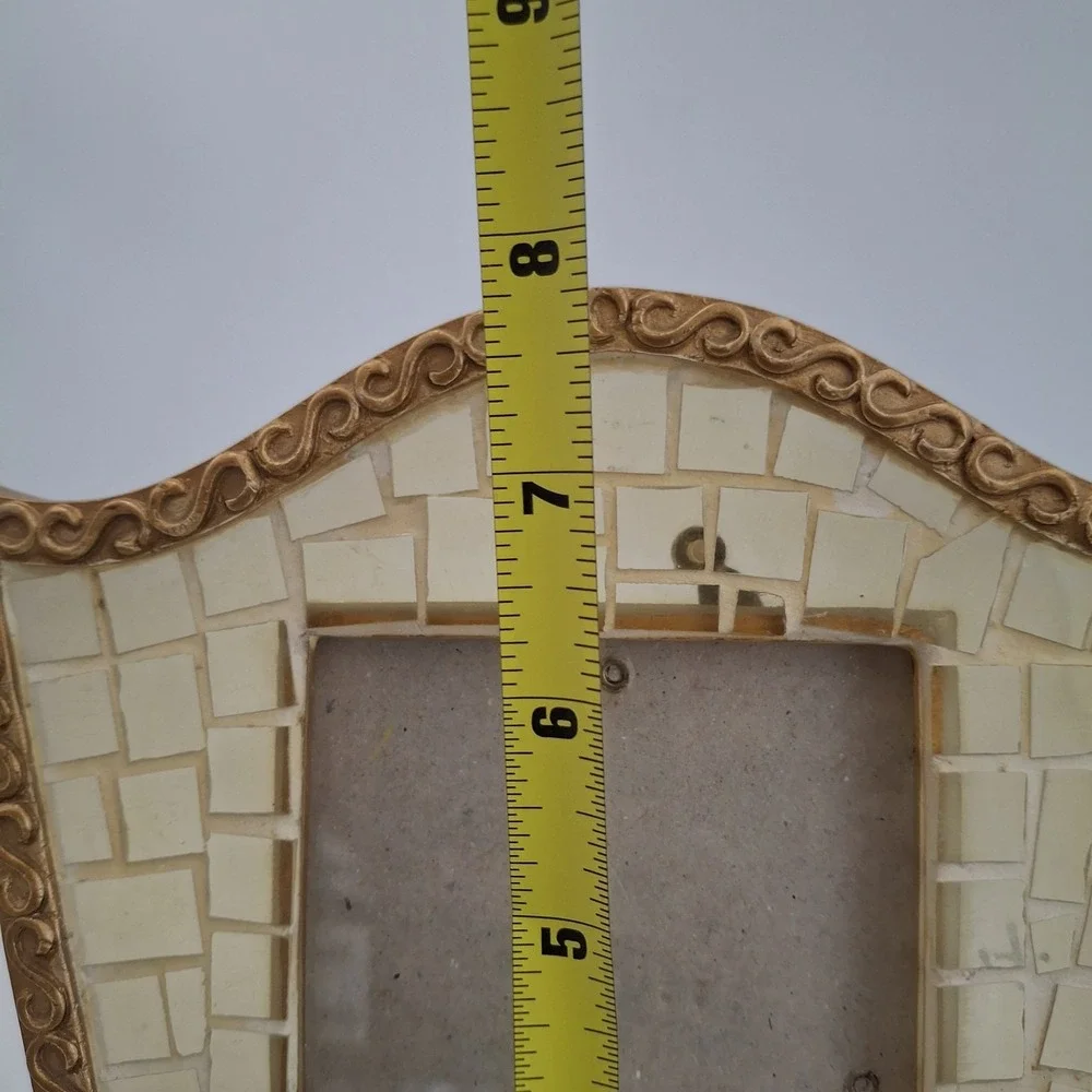 Vtg ANNA Gold Scroll Mosaic Frame Translucent Glass/Shell Tiles Shield Shape